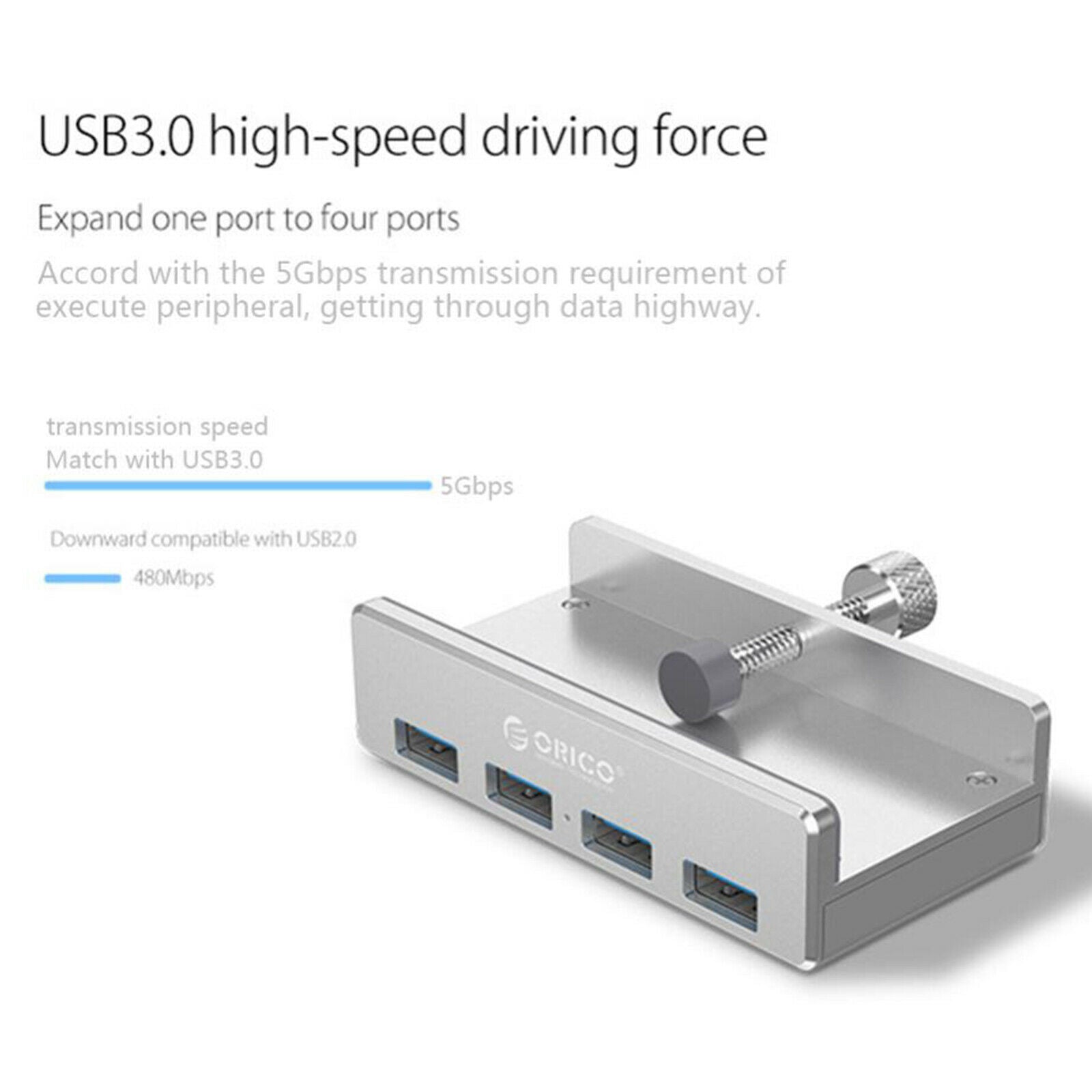 Portable Metal MH4PU 4 Ports USB 3.0 HUB Desk-Edge Splitter for PC Laptop