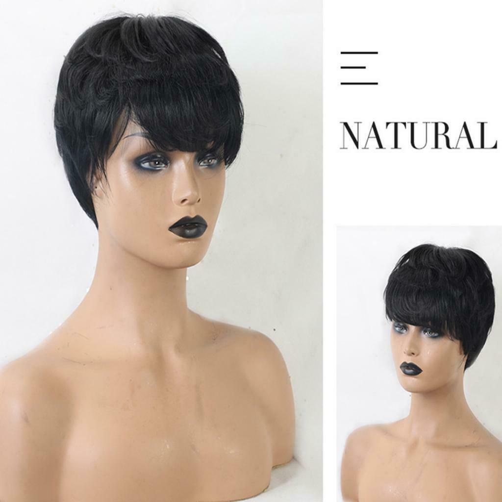 8" Women Pixie Cut Straight Daily Wig w/ Bangs Layered Short Human Hair Wigs