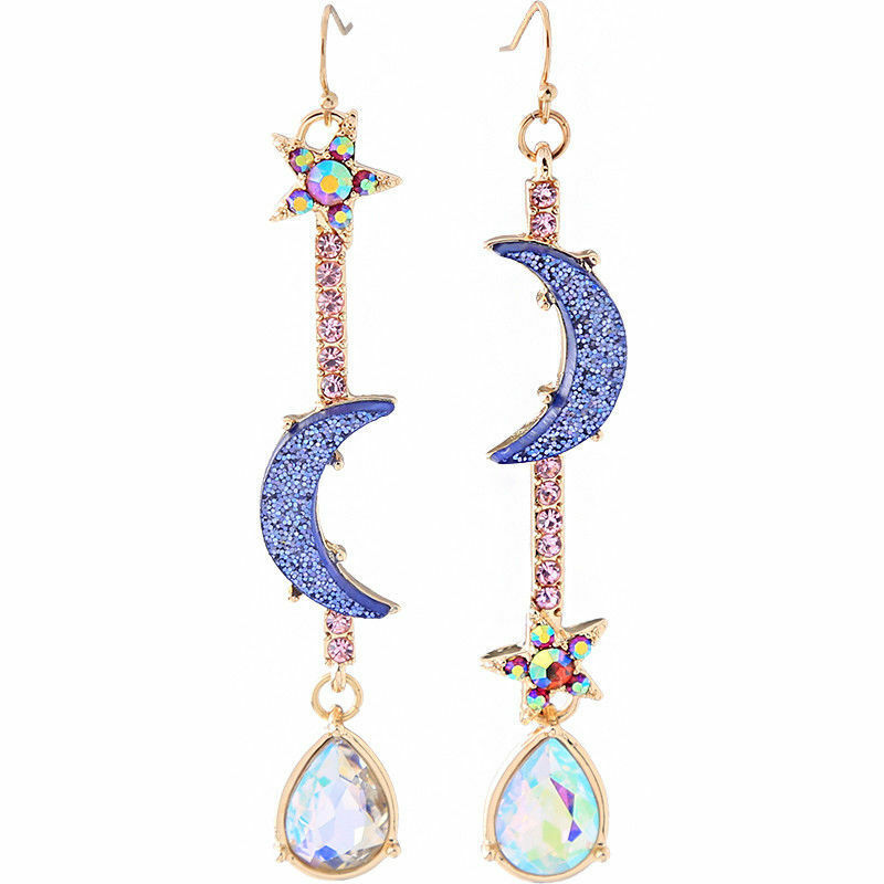 Korean Style Blue Moon Star Crystal Dangle Drop Rhinestone Earrings Ear Jewelry