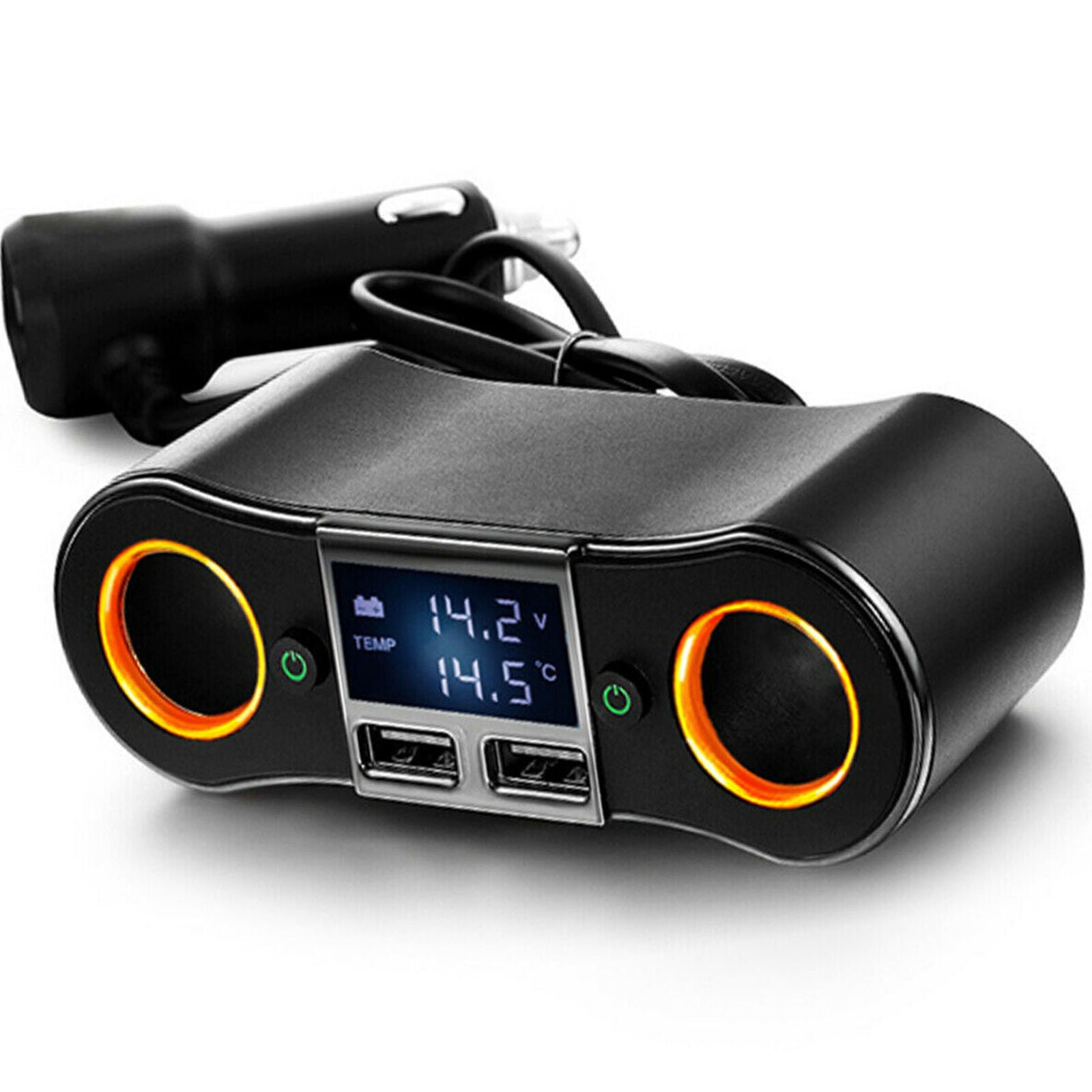 Dual Socket 2 USB Port LCD Lighter Splitter DC 12V Car Charger Adapter