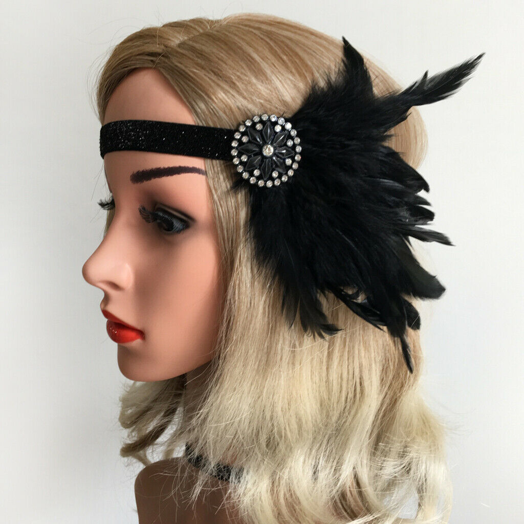 Feather Elastic Headband Flapper Fascinator Beads Hairband Headwrap Wedding 20s
