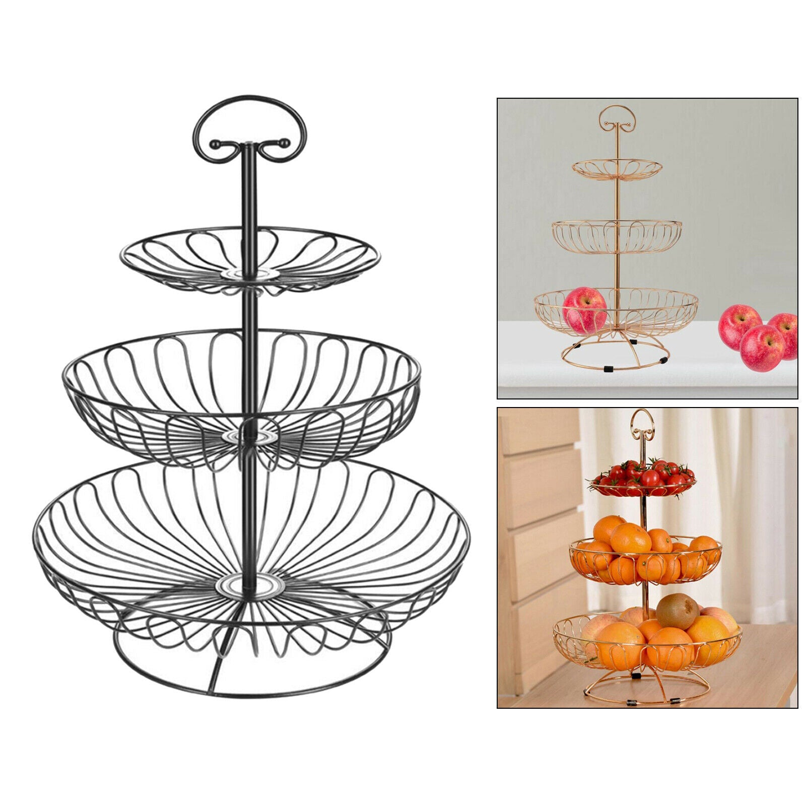 3 Tired Metal Wire Basket Rack Stand for Fruit, Vegetables, Snacks Black