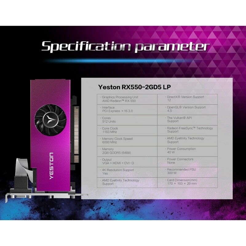 Yeston RX550-2G D5 LP 1183/6000MHz 2G/64Bit/GDDR5 VGA + MI + DVI-D PCI-Expr W8W3