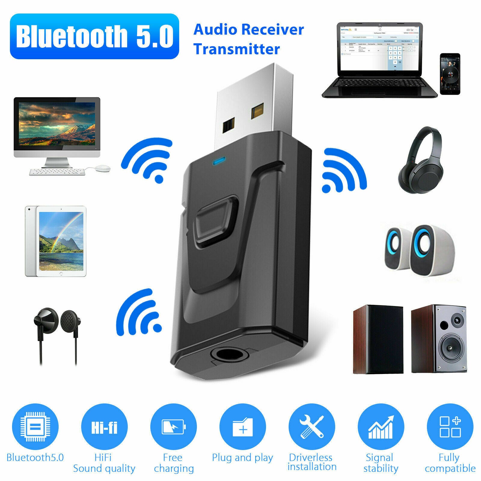 4-IN-1 Bluetooth 5.0 Receiver & Transmitter Wireless 3.5mm Aux Audio Adapter USï¼