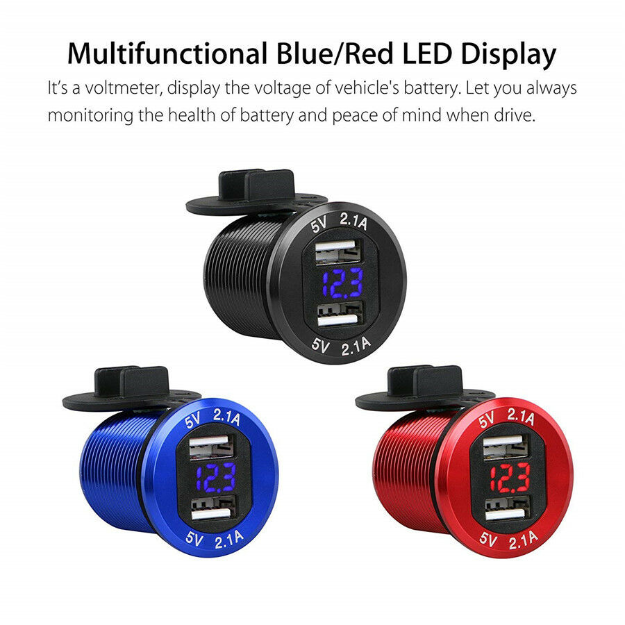 2 In 1 Aluminum Dual USB Car Charger w/ Waterproof Cap +LED Battery Volt Monitor