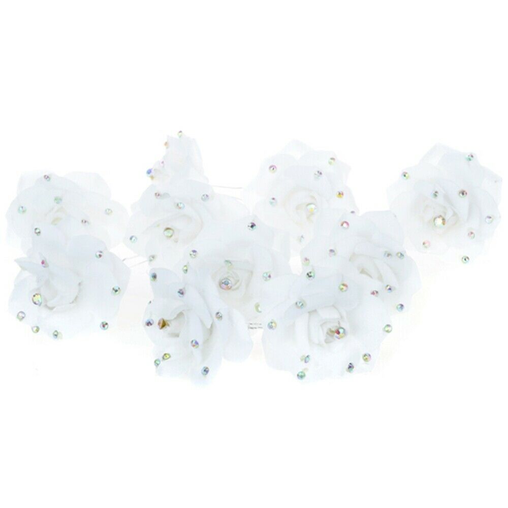 Women Hair Clips 10pcs White Rose Cloth Crystal U-shaped Hair Pin Barrette Party