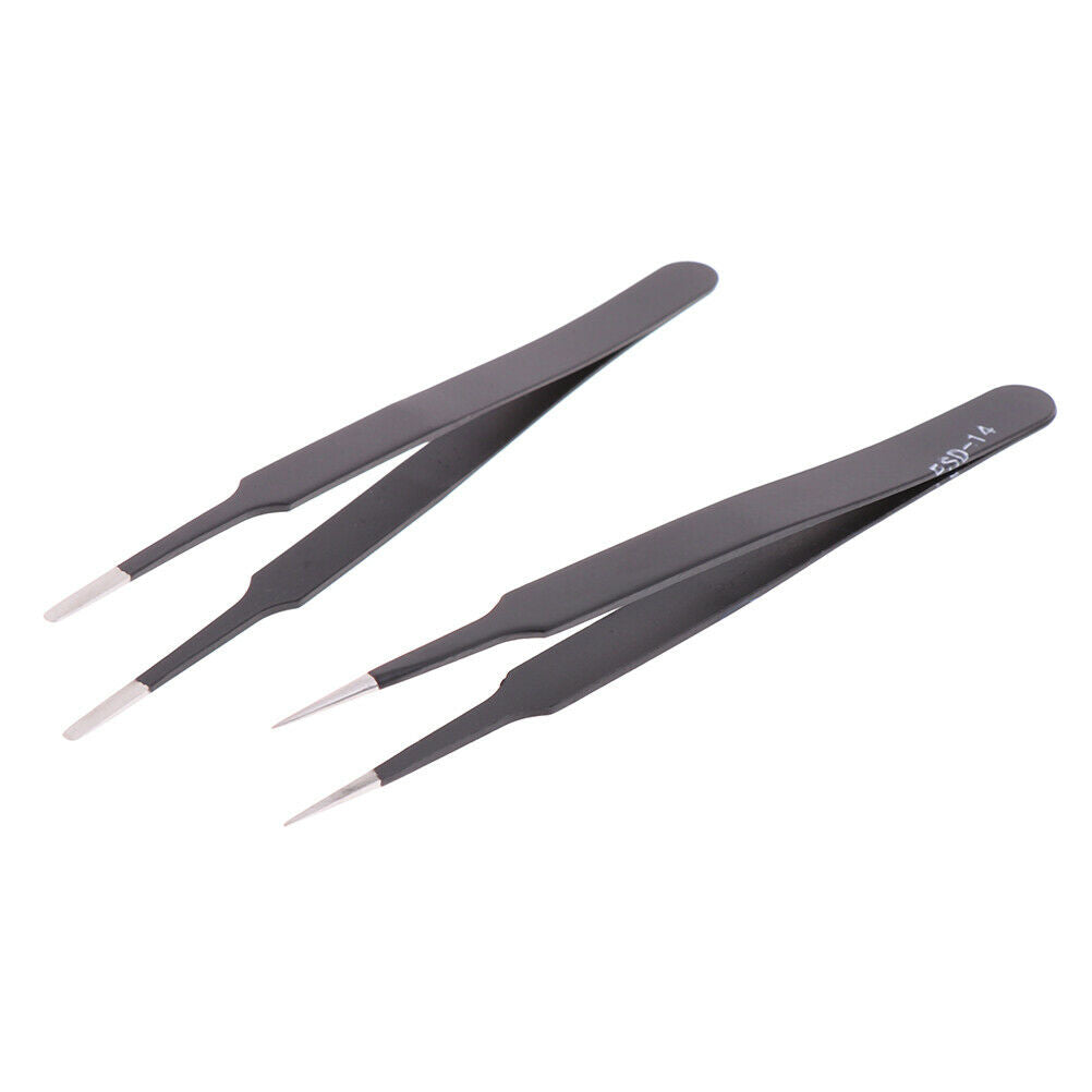 9Pcs Stainless Steel Precision Black Straight Curved Pointed Tweezers 1.5Mm Anti