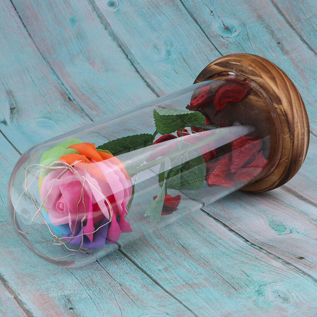 Flower and LED Light in Glass Dome on a Wooden Base Valentine Gift  A