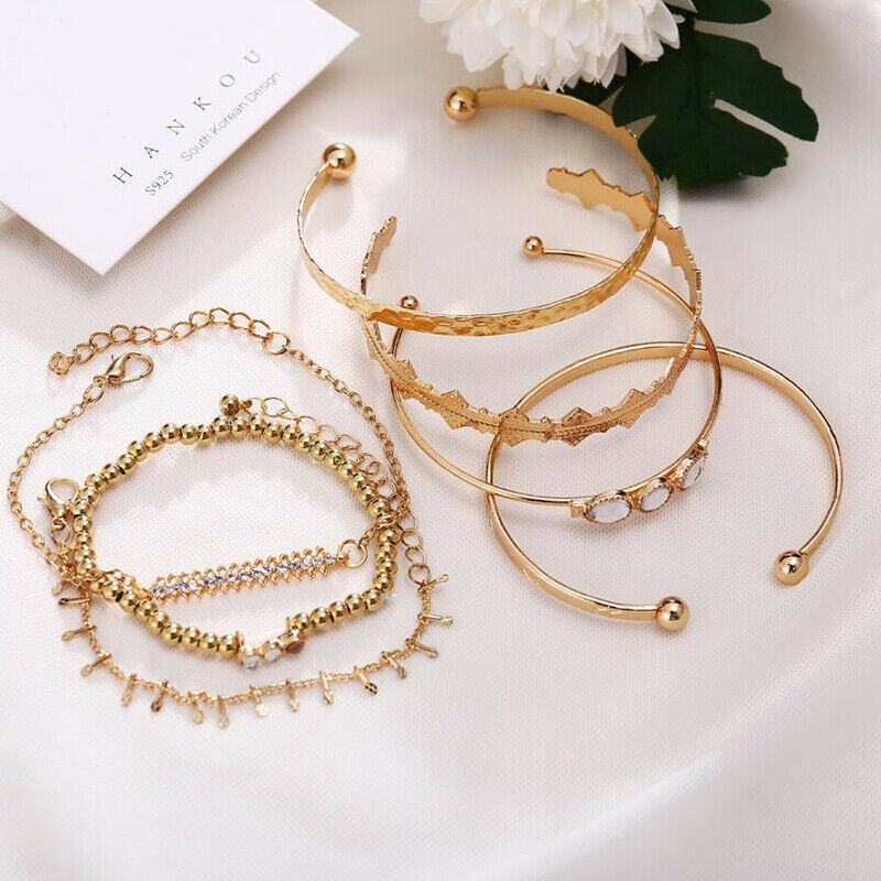 7Pcs/Set Bohemian Retro Crystal Geometry Open Bangle Bracelet Women Jewel.l8