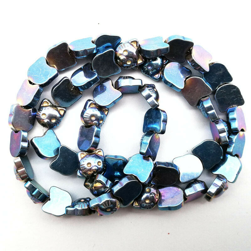 One Strand 8x8x4mm Carved Sky Blue Hematite Gem Cat Head Loose Bead 15.5 " A55TS