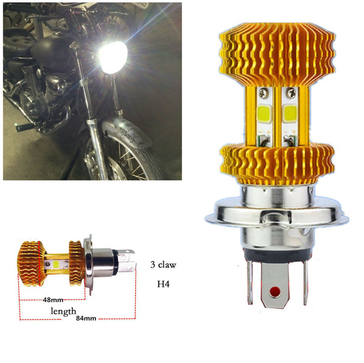 1Pc Four Side Bright H4 LED Motorcycle Headlight Blub DC 6000K Scooter Accessory