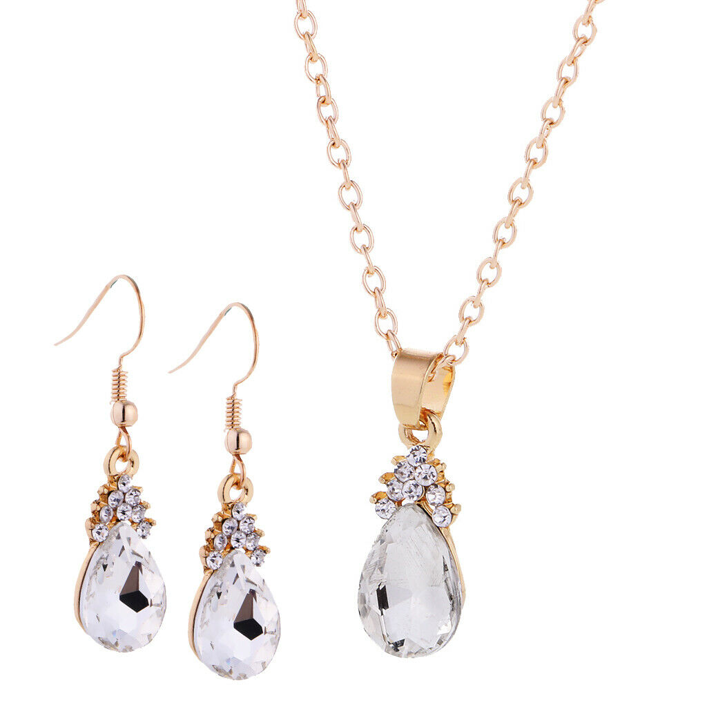 Luxury Crystal Necklace Earrings Wedding Bridal Fancy Jewelry Set White
