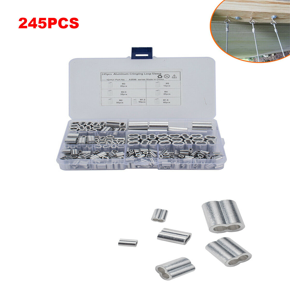 245x Universal 7 Size Aluminum Crimping Ring Sleeve Wire Rope Kit M1.2 / 3/4 / 5