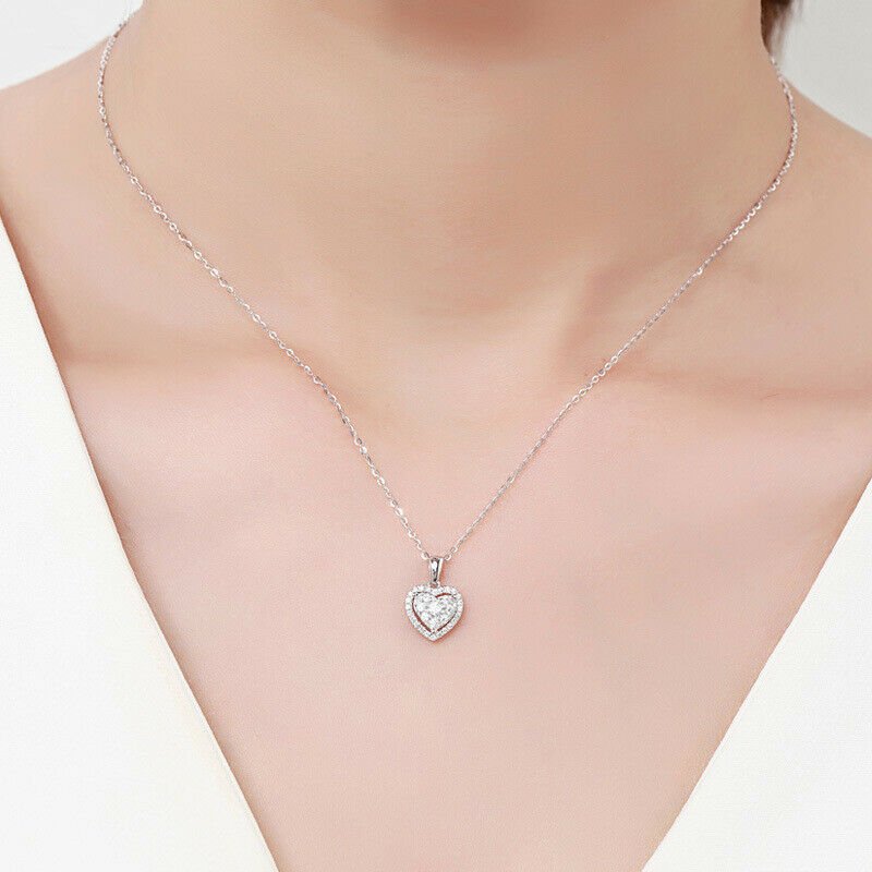 Ladies White Diamond Heart Pendant Necklace Fashion Women Jewellery Love Gift HN