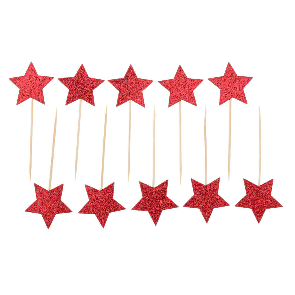 10Pcs Kids Birthday Cupcake Toppers Glitter Star Party Decor Baby Shower Red