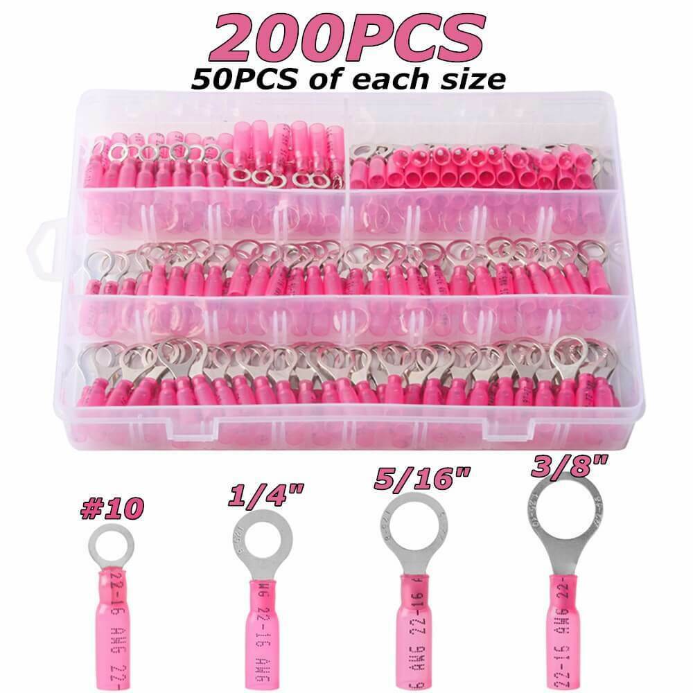 200pcs Red 22-18 GAHeat Shrink Ring Terminal Connector #8 Crimp Wire 4 Sizes