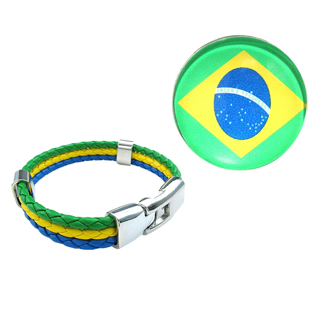 2pcs Leather Braided Cuff Bracelet Brooch 2018 Brazil Flag Design
