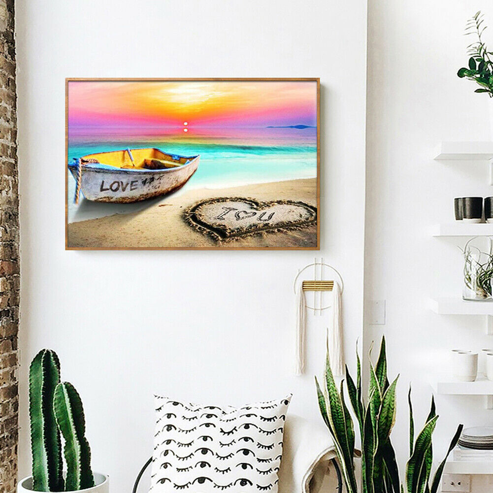 5D DIY Full Square Diamond Painting Beach Boat Rhinestone Wall Handwork Kit @