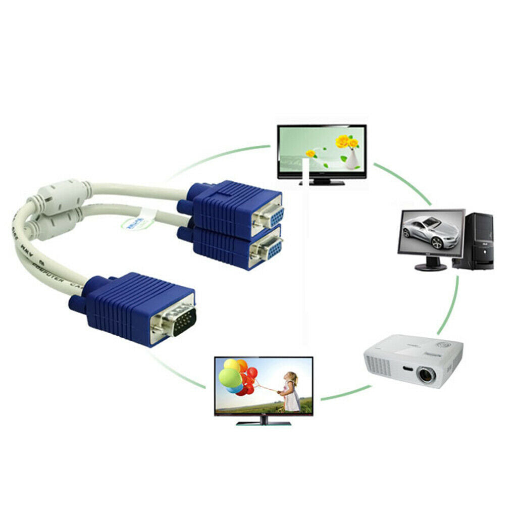VGA 1 To 2 Splitter Cable SVGA Monitor Wire Cord Connectors For TV Computer