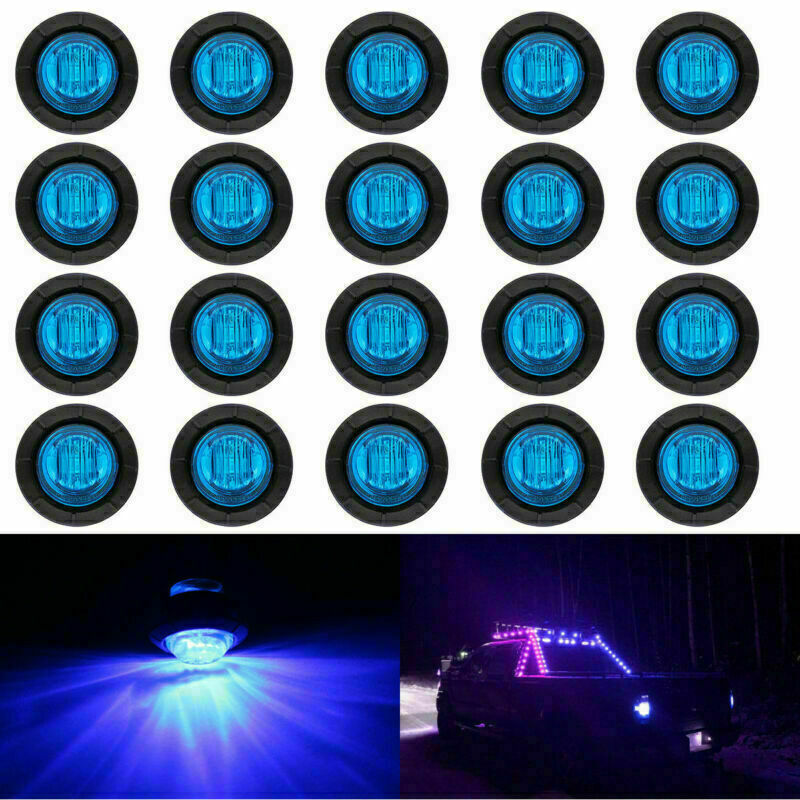 20X Mini Round 12V Blue 3/4" Smoked Side 3 LED Marker Truck Trailer Bullet Light