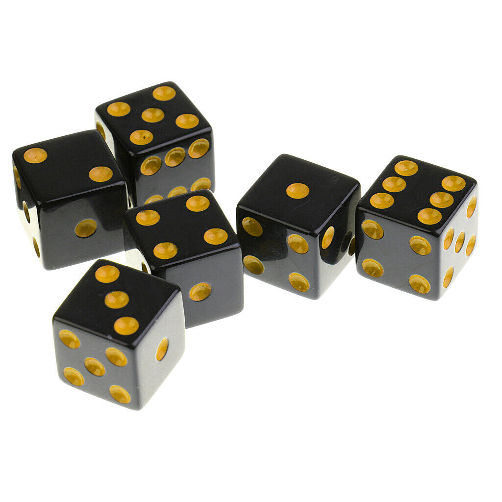 Set of 10 Six Sided Opaque D6 16mm Standard Dice Die Black with Yellow Pips