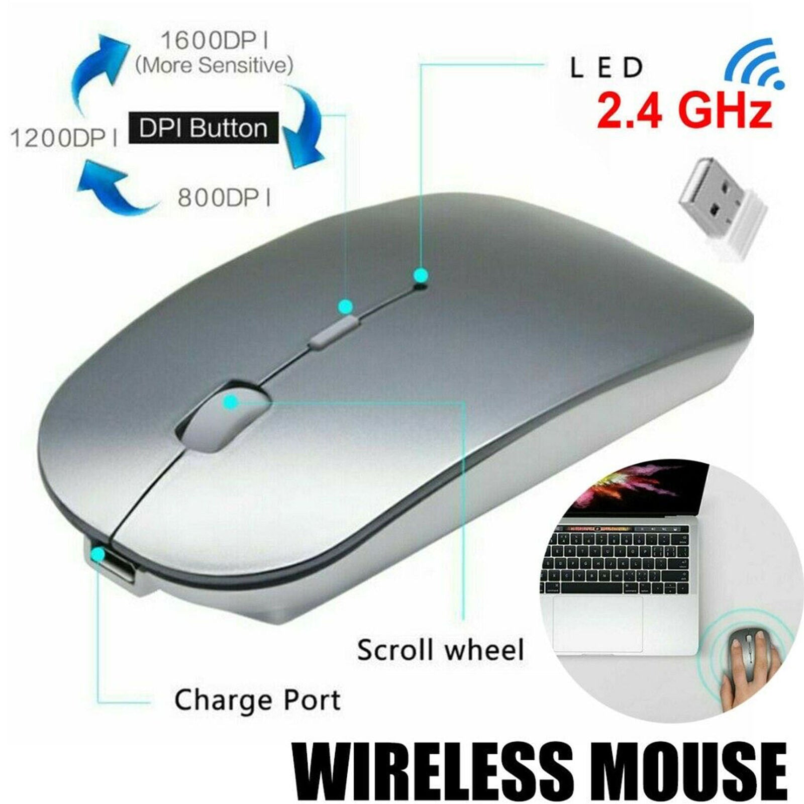 Wireless USB Rechargeable Mouse Ultra Thin Sliver For Laptop PC Tablet