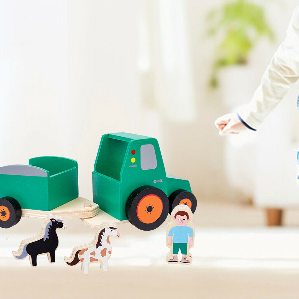Green Handmade Crafts Wooden Car Tractor Trailer Truck Smooth Wheels Development