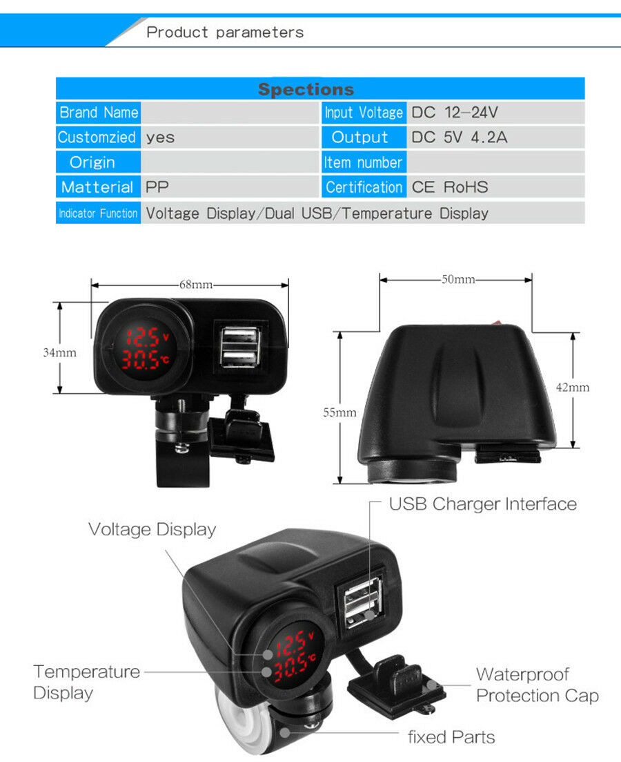 Waterproof 3 in 1 Red LED Digital Display USB Charger+Voltage Meter+ Thermometer
