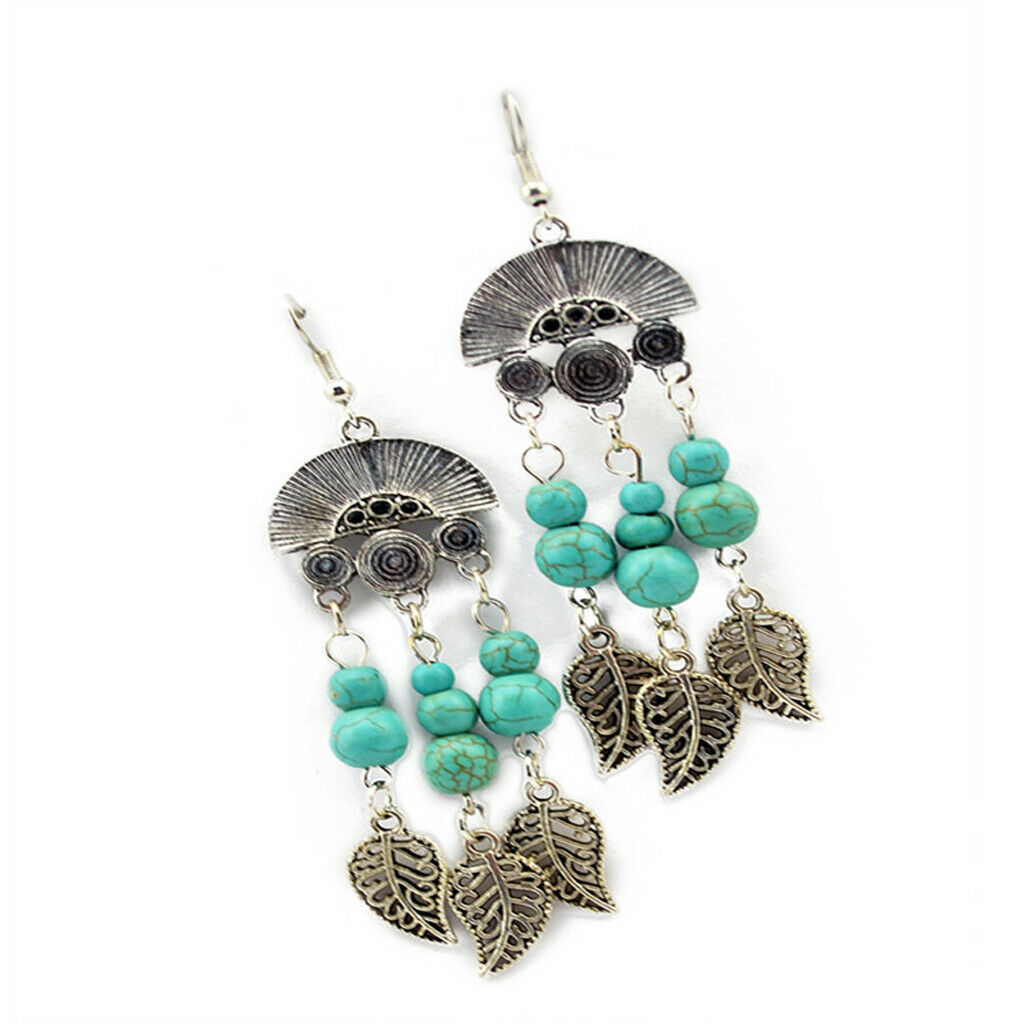Bohemian Fashion Tassel Turquoise Leaf Drop Dangle Hook Earrings for Women