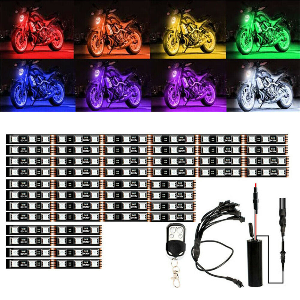 12x LED Motorcycle ATV RGB Under Glow Lights Strip Neon Kit w/ Remote Universal