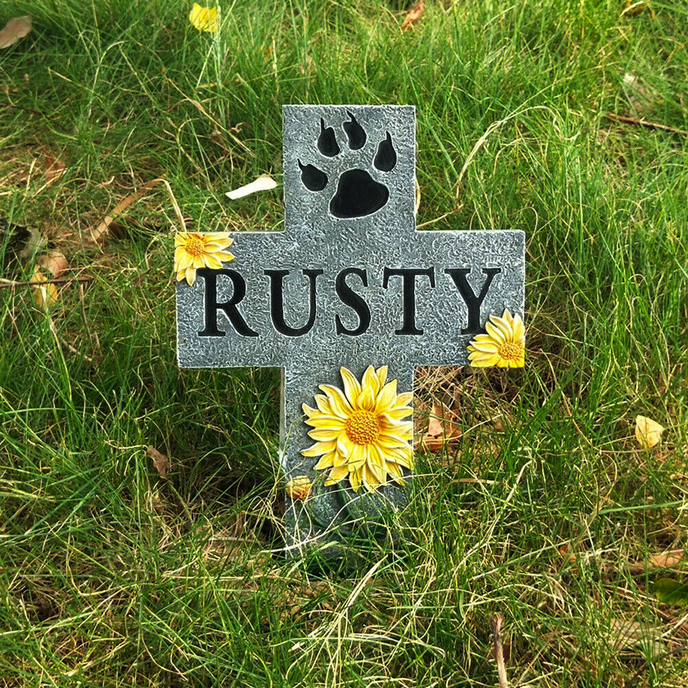 Pet Memorial Stone Cross Ornaments Dog Paw Print Gravestone Tombstone Outdoor