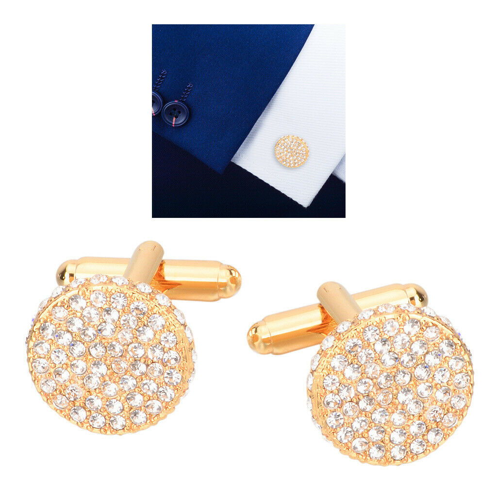 2pcs Men Rhinestone Cuff Links Shirt Banquet for Usher Bride Golden 17mm