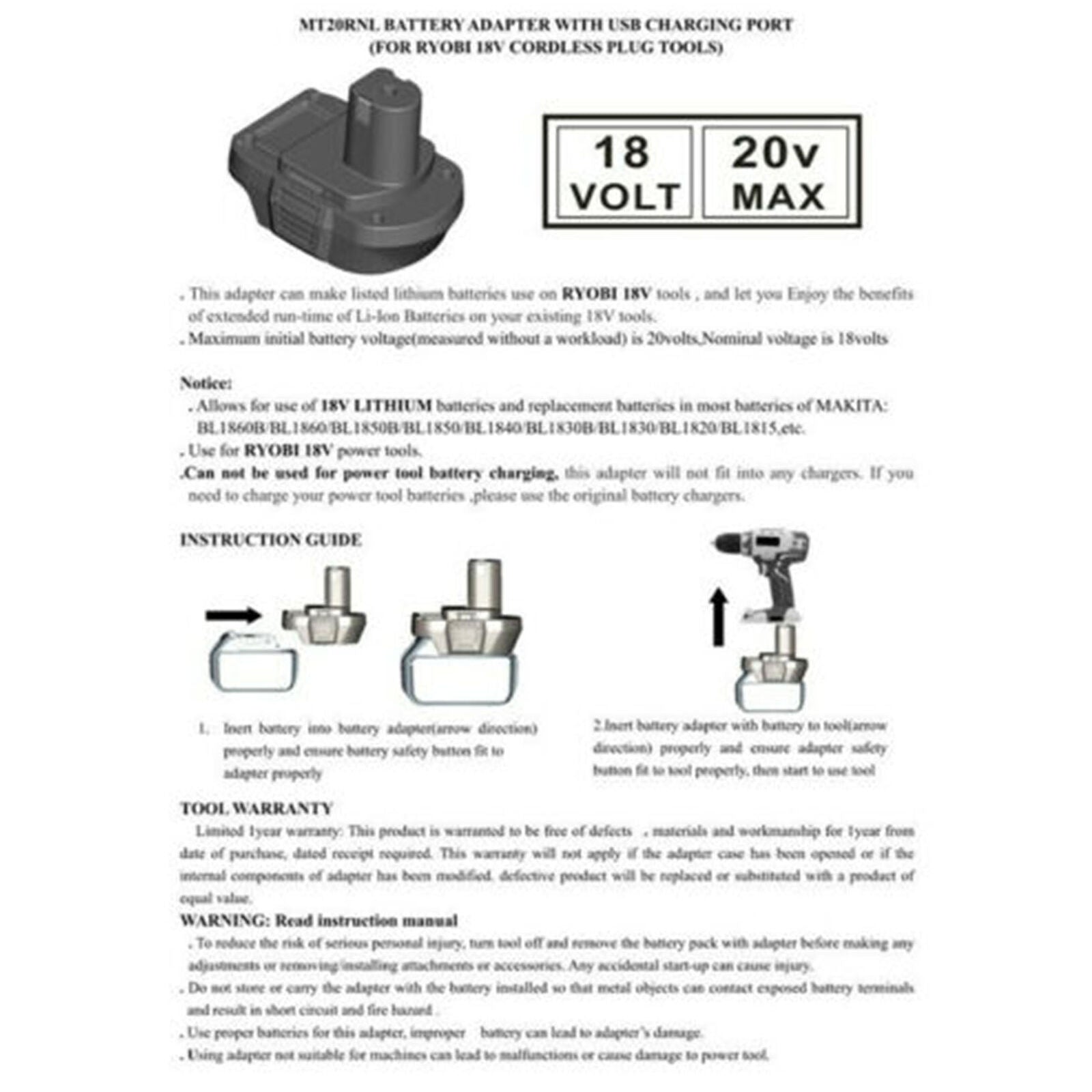 Battery Adapter For Makita BL1840 Converter To Ryobi 18V USB Charge Port
