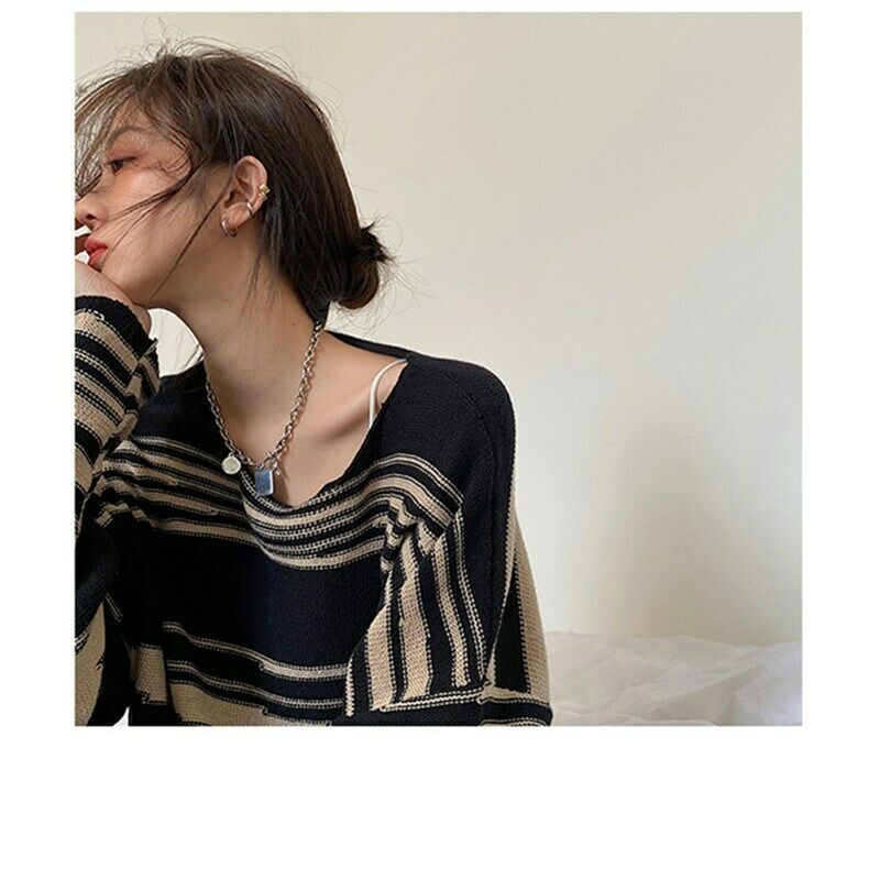 Knitted Striped Jumpers Loose Sweater Long Sleeve Oversize Pullover Casual Retro