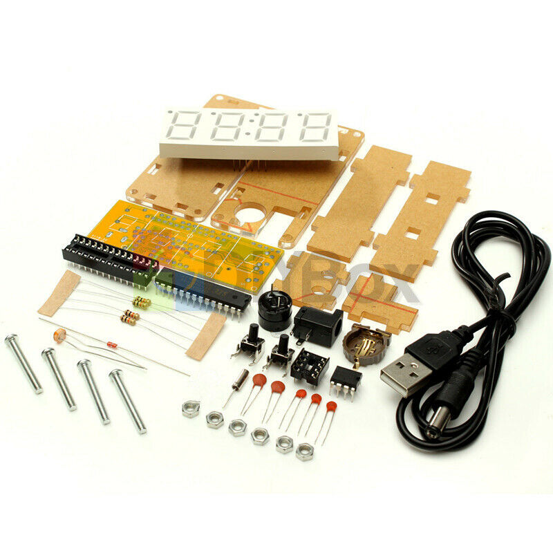 Blue LED Electronic Clock Microcontroller Digital Time Thermometer DIY Kits