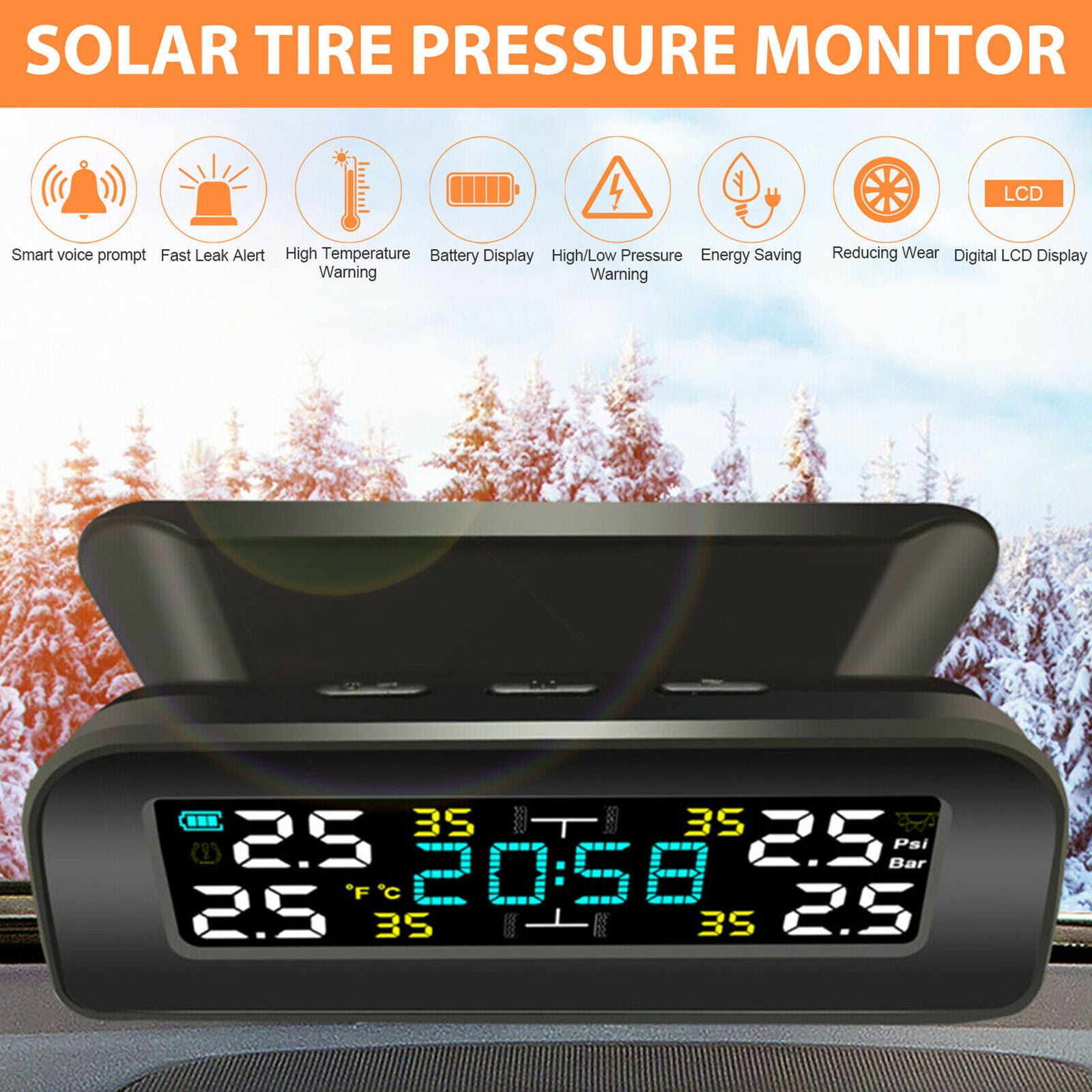 Wireless Solar TPMS LCD USB Car Tire Pressure Monitoring System 4External Sensor