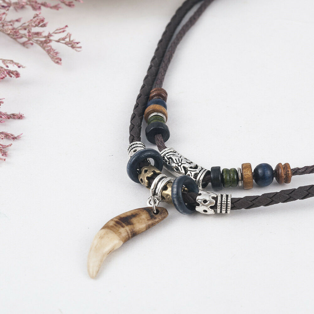 1PC Men's Bohemia Wolf Tooth Pendant Leather Beaded Weaved Necklace Jewelry Punk