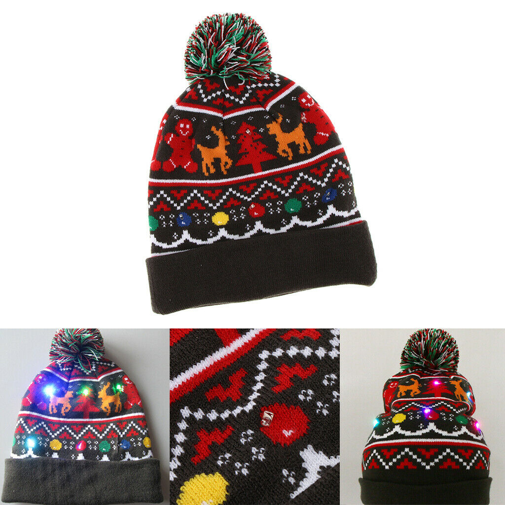 Light up Knitted Ugly Sweater Holiday Christmas Beanie gray elk