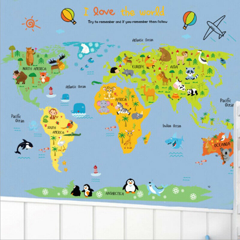 Cartoon Animal World Map Wall Stickers Kids Art Mural Removable Decorati.l8