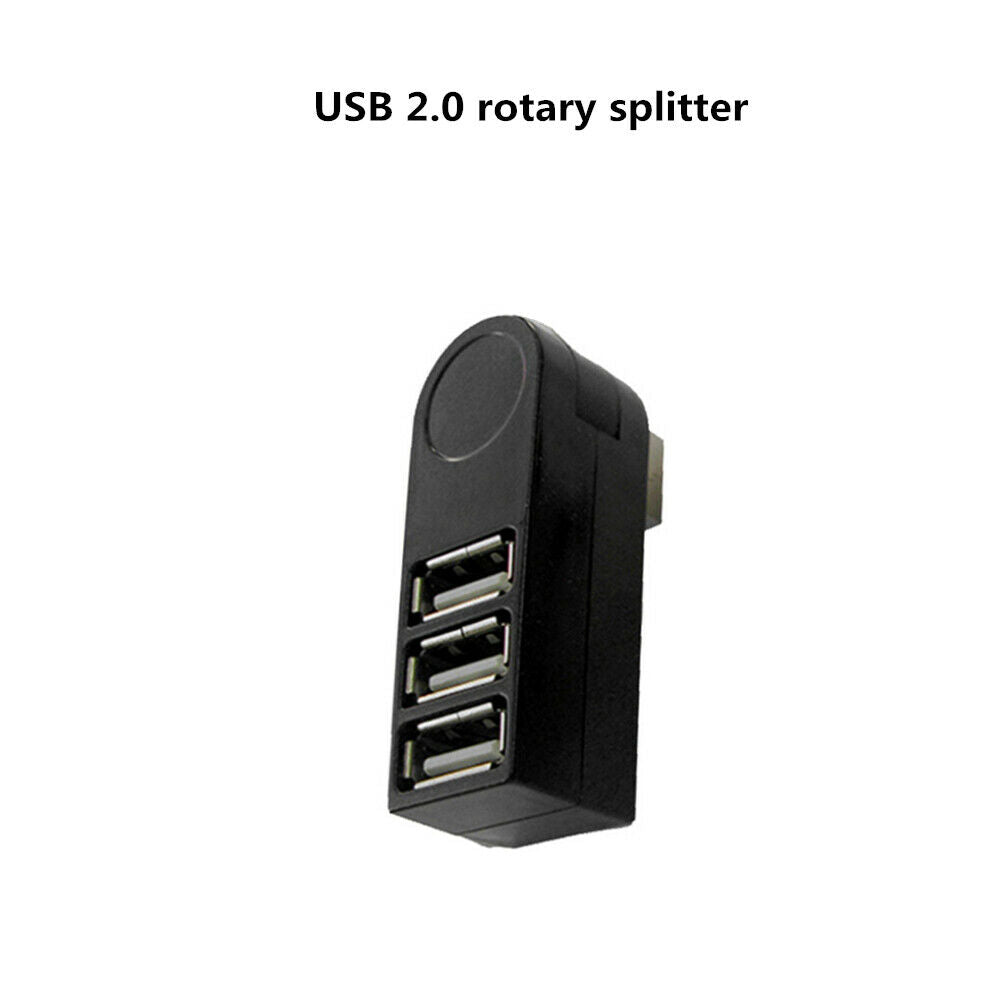 USB 2.0 Mini 3-Port Rotary Splitter Adapter Hub For PC Laptop Notebook Black