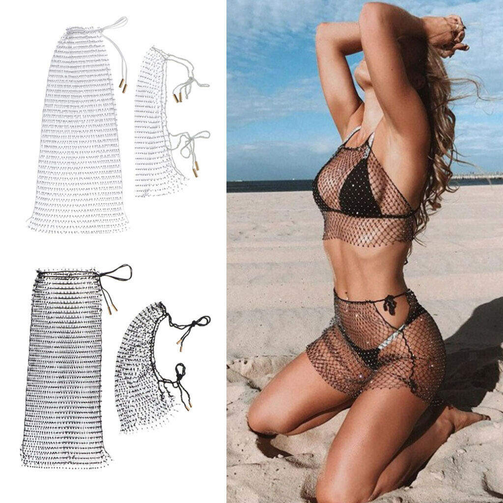 2Sets Hollow Out Bikini Cover Up Crochet Dress Summer Beach Bathing Swimsuit