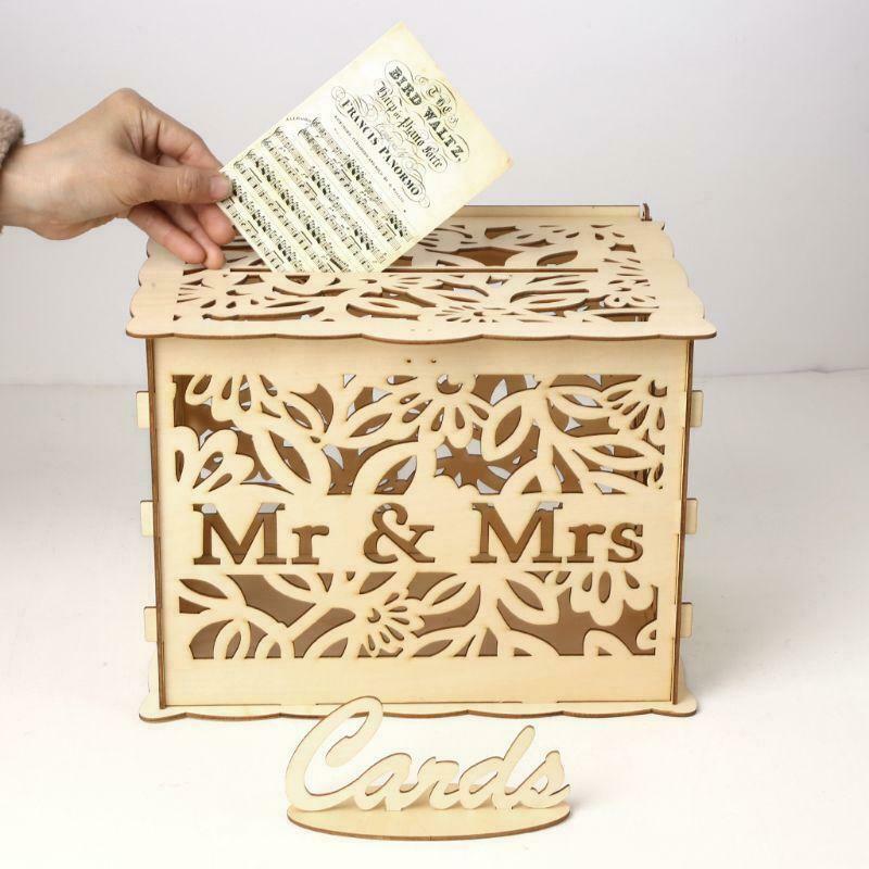 DIY Wedding Gift Mr & Mrs Wooden Card Money Box Case With Lock Rustic Beautiful