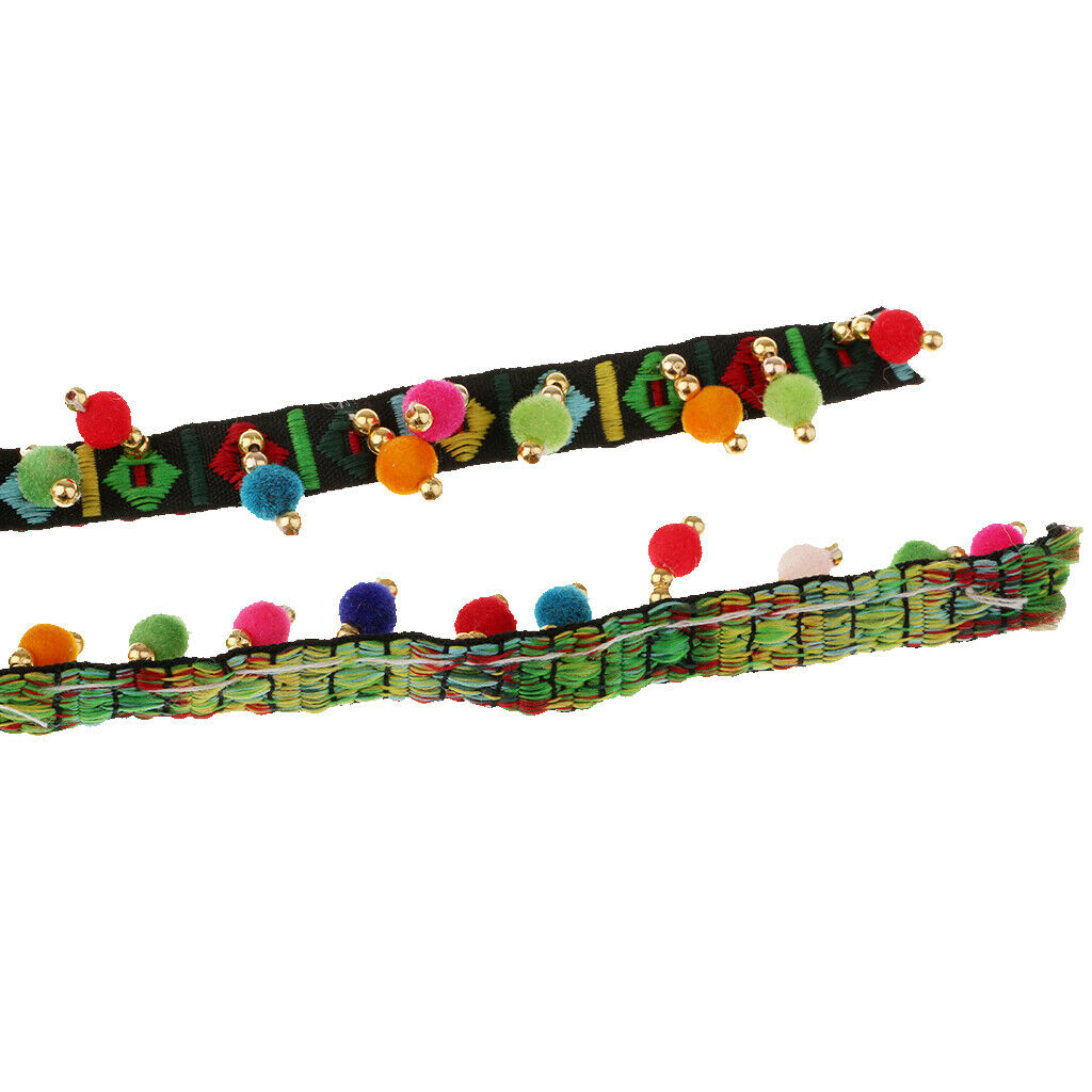 2pcs Pompom Ball Tassel Fringe Trim Jacquard Ribbon Sewing Appliques Crafts