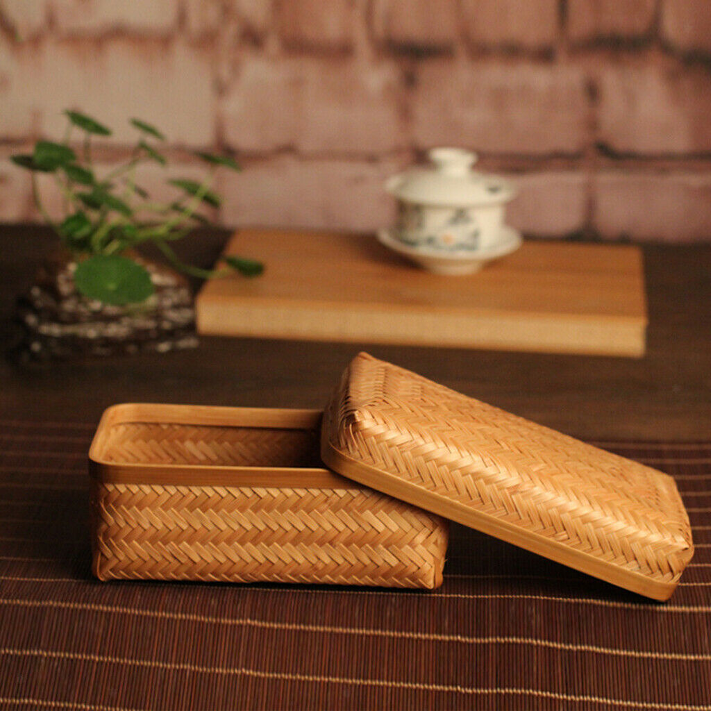 Bamboo Storage Basket Tray Food Hamper Bread Fruit Tea Box Organizers w/ Lid