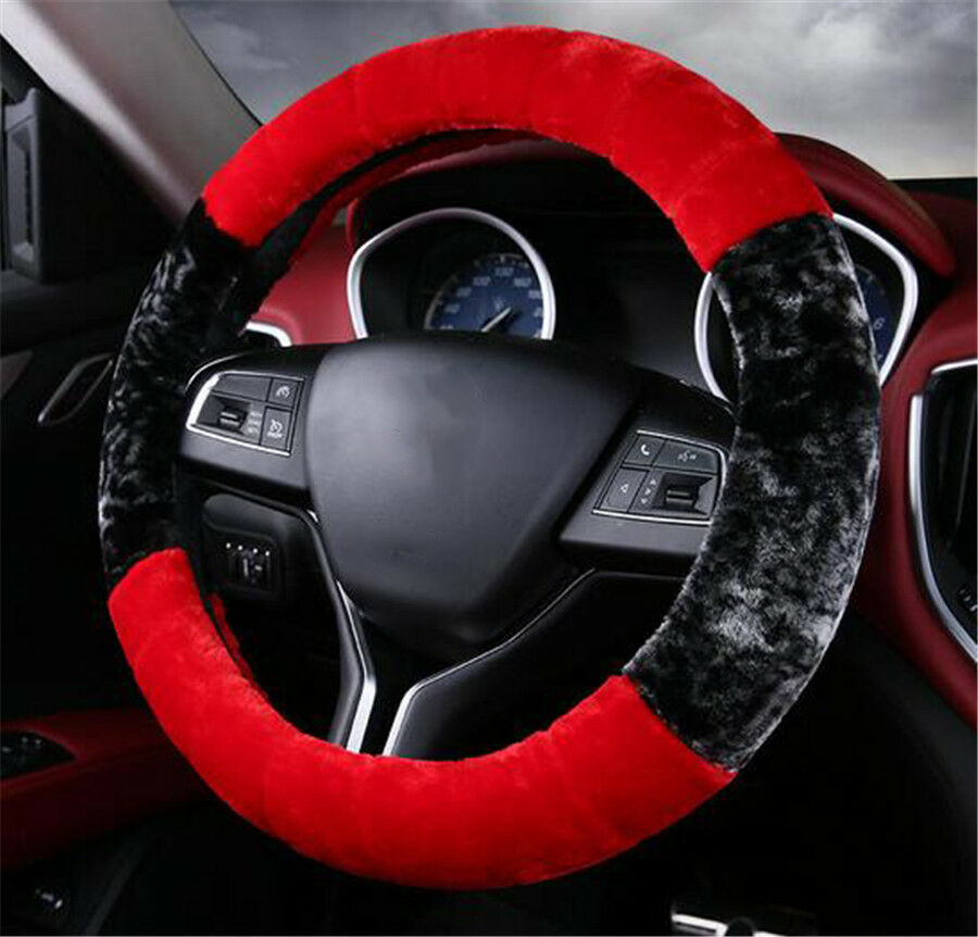 Winter 38cm Universal Black+Red Plush Furry Thick Auto Car Steering Wheel Cover