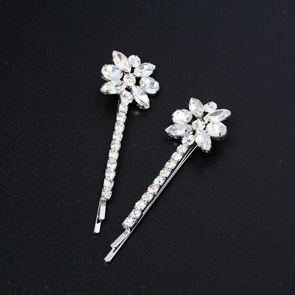2Pcs Crystal Hair Clip Rhinestones Flower Hairpins Womens Hair Jewelry