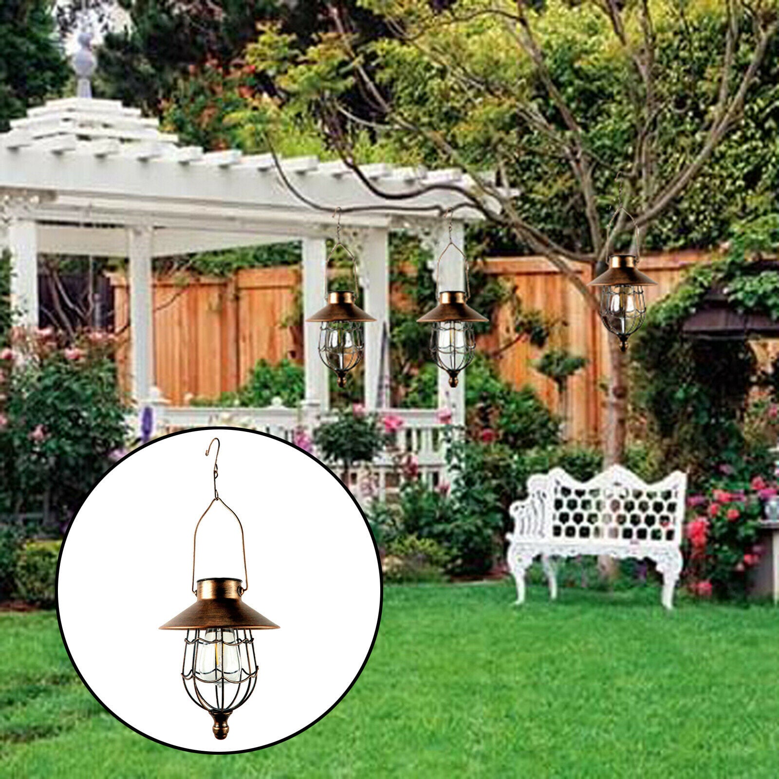 Solar Powered Lantern Outdoor Hanging Lamp LED Light Metal for Garden Porch