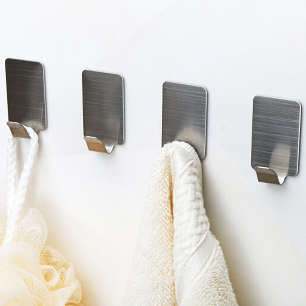 6x Adhesive Kitchen Wall Door Stainless Steel Square Stick Holder Hooks Hang XC