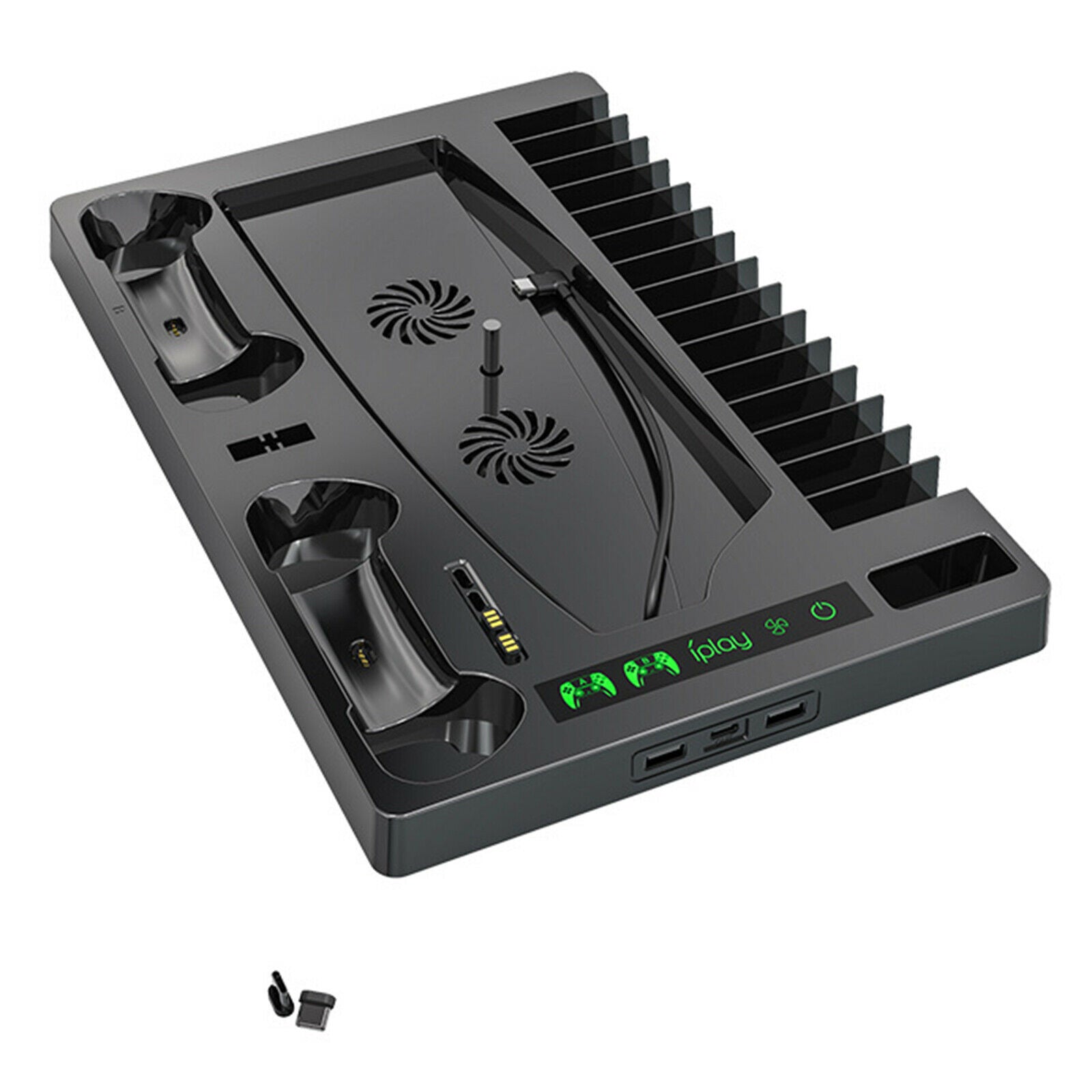 Gaming Charger Vertical Stand w/ Cooling Fan USB Hub For PS5 Dual Controller