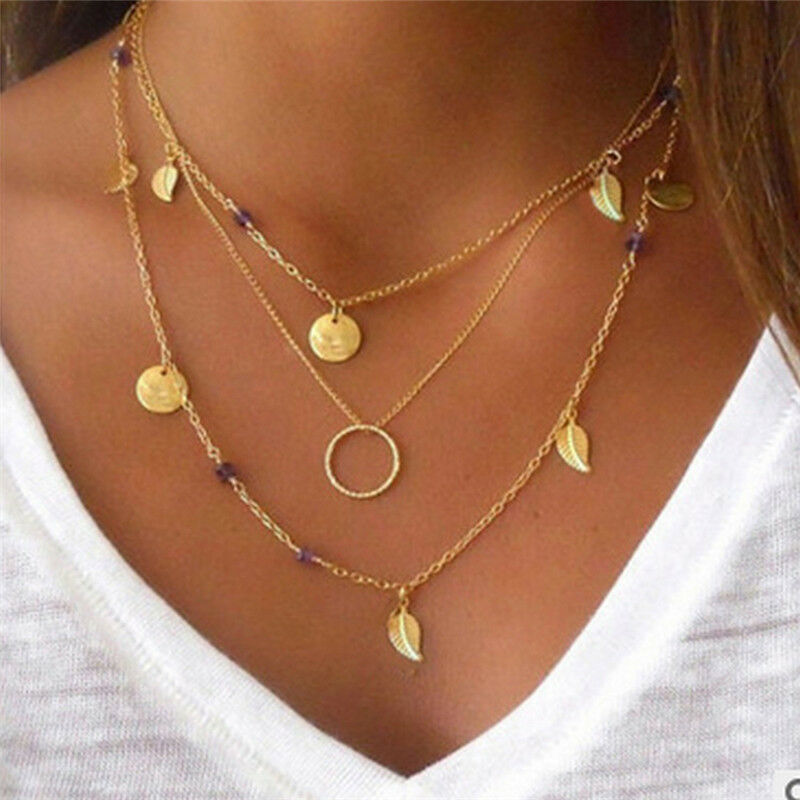 Bohemian Leaf Crystal Necklace Multilayer Long Necklace Women Pendant Neck.l8